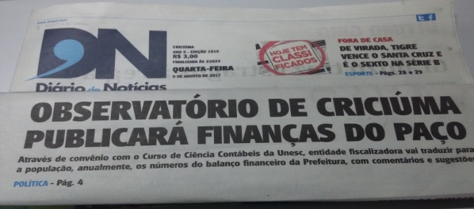 Tratativas entre o Curso de Ci�ncias Cont�beis e Observat�rio Social de Crici�ma foi mat�ria do Jornal Di�rio de Not�cias dia 09 de agosto, quarta-feira