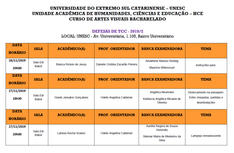 Cronograma de Defesas do TCC Artes Visuais - Bacharelado e Licenciatura - 2019/2