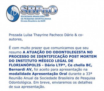 Trabalho de Ex-aluna aprovado para o maior evento de pesquisa Odontolgica da Amrica Latina (SBPqO).